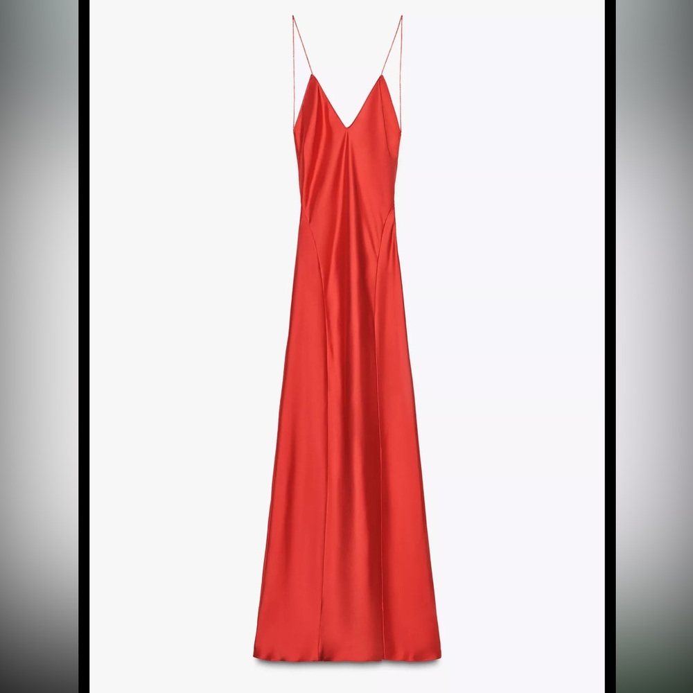๐(NWOT) ZARA Bloggers Fav Open Back Satin Maxi Dress in Red. Size SMALL - Picture 10 of 16